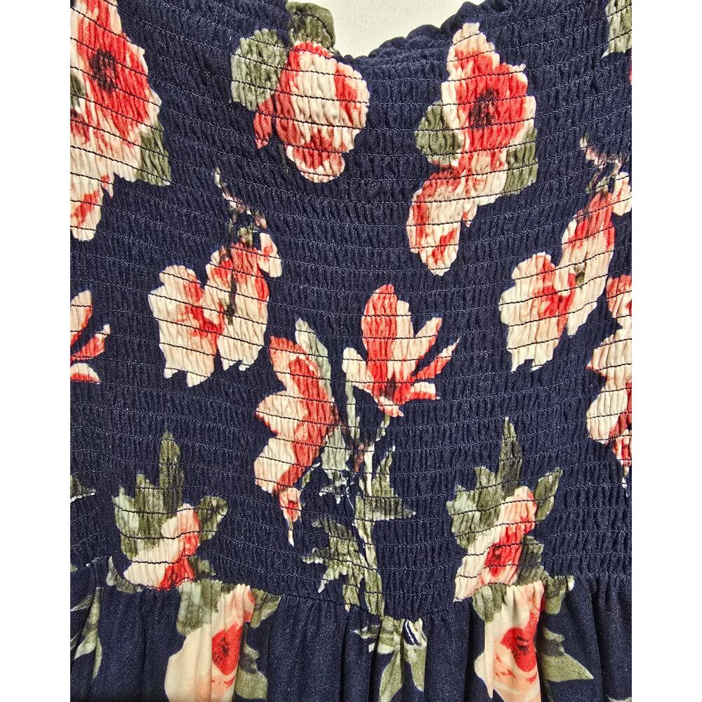 J for Just! Women's Navy Coral Floral Smocked Long Bishop Sleeve Mini Dress med - Picture 2 of 9